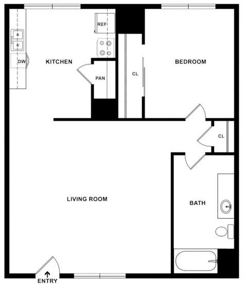 Floor plan for 1 bed, 1 bath, 435 sqft